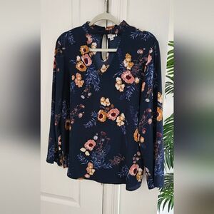 Blue and Orange Relaxed Graphic Blouse with Mandarin Collar